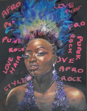 Acrylic painting of a gorgeous African woman with a colourful punk hairstyle in shimmering blue glitter and purples and yellows. She has pink jewels stuck on her hairline, mismatched earrings, white eyeliner and white markings down her chin. The writing in the background really sets off this punk afro painting which is not only empowering but also beautiful.   Perfect for ones that love to look different. This painting is part of a very limited edition and only 50 prints will be available for sale.   It is sold professionally framed with d rings for easy hanging.