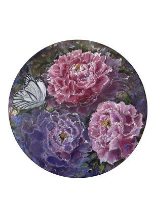 This is a beautiful acrylic painting of pink and purple peonies with a black and white butterfly.  Set against a background of gold, pink and purple metallic paints that catch the light. Ready to hang on a round canvas board 40 cm in diameter Peonies by Mary Oliver This morning the green fists of the peonies are getting ready to break my heart as the sun rises, as the sun strokes them with his old, buttery fingers and they open --- pools of lace, white and pink --- and all day the black ants climb over them, boring their deep and mysterious holes into the curls, craving the sweet sap, taking it away to their dark, underground cities --- and all day under the shifty wind, as in a dance to the great wedding, the flowers bend their bright bodies, and tip their fragrance to the air, and rise, their red stems holding all that dampness and recklessness gladly and lightly, and there it is again --- beauty the brave, the exemplary, blazing open. Do you love this world? Do you cherish your humble and silky life? Do you adore the green grass, with its terror beneath? Do you also hurry, half-dressed and barefoot, into the garden, and softly, and exclaiming of their dearness, fill your arms with the white and pink flowers, with their honeyed heaviness, their lush trembling, their eagerness to be wild and perfect for a moment, before they are nothing, forever?