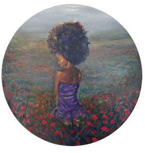 a girl with an oversized afro sits in the sunset in a field of poppies.