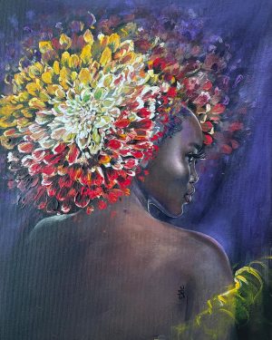 This is an acrylic portrait painting on a black canvas is of a black girl wearing a bright red dahlia on her head surrounded by purple splashes of light. Inspired by the beautiful model Adut Akech and and peaches and cream dahlias this beautiful portrait of a black girl whose hair is adorned by a large dahlia with shimmers of purple light in the background.