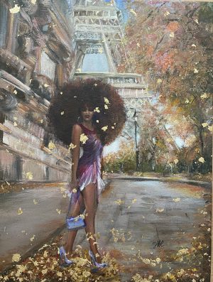 This is a mixed media painting of a gorgeous dark skinned elegant beauty with a beautiful large afro stood in front of the Eiffel Tower in Paris along the popular selfi spot at Rue De L'Universite with its beautiful old buildings.   The gold leaf provides a perfect finish to this unique piece that will add beautiful autumnal colours to your home. Prints are supplied hand embellished with gold leaf.