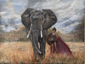 African Nubian Warrior Queen historical painting with elephant