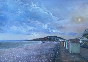 Budleigh Beach Devon beach huts sunset painting