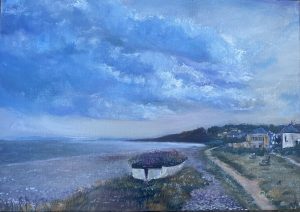 An acrylic painting of Budleigh Beach in Devon with a flower boat painting