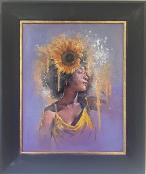 A beautiful portrait of a black girl with sunflowers on her head. Fall in love again with summer and sunflowers with this painting sold already framed.