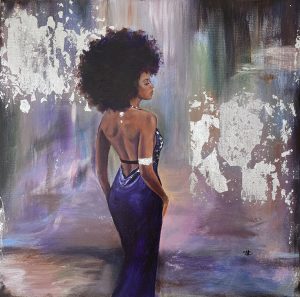 An elegant mixed media silver leaf painting of an African American girl with a large afro