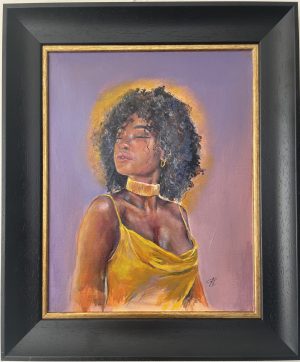 A striking acrylic portrait of a young African girl with.     With beautiful shades of blues, purples and yellows, this painting truly embodies that summer feeling on a lovely hot day. Painted during the hot summer of 2022 and part of a set of 3