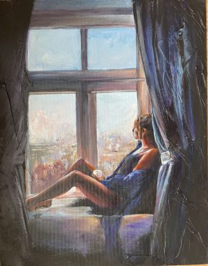 A mixed media painting of a woman relaxed by the window during the evening golden hour and having a glass of wine