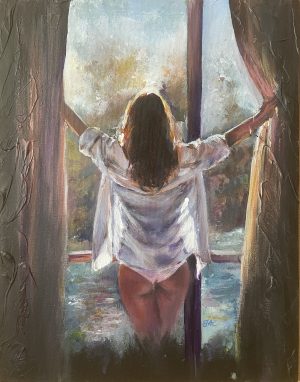 A sensual painting of a woman wearing just a shirt and opening the curtains in the morning