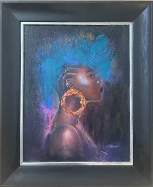 An portrait of a black woman with an afro punk look with several ear piercings and a multicoloured mohican. The word Flawless shaved on her head.