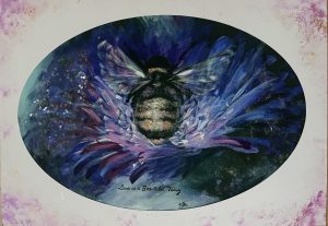 Love is a Beautiful Thing Bee A4 size giclee limited edition print signed and dated positive mental health reminder with diamond dust. Bees provide such an important service for us - when they thrive, we thrive too.   Showing kindness to others really helps when we are feeling low. A perfect reminder for any wall featuring iridescent pinks and purples as well as diamond dust.  It shimmers and adds light to your life. Prints  come with the metallic colours and diamond dust.  They are hand embellished so may vary slightly in colour. Part of a set of 3.  The other two are "Courage is a Beautiful Thing" and "Change is a Beautiful Thing"