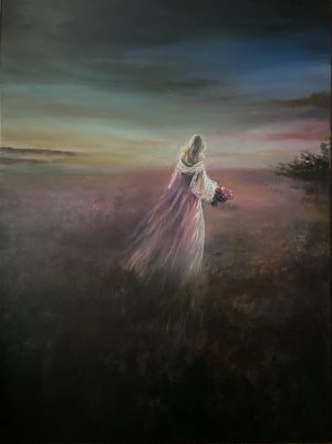 An acrylic painting inspired by Wuthering Heights of a girl walking across windy moors in a Victorian dress