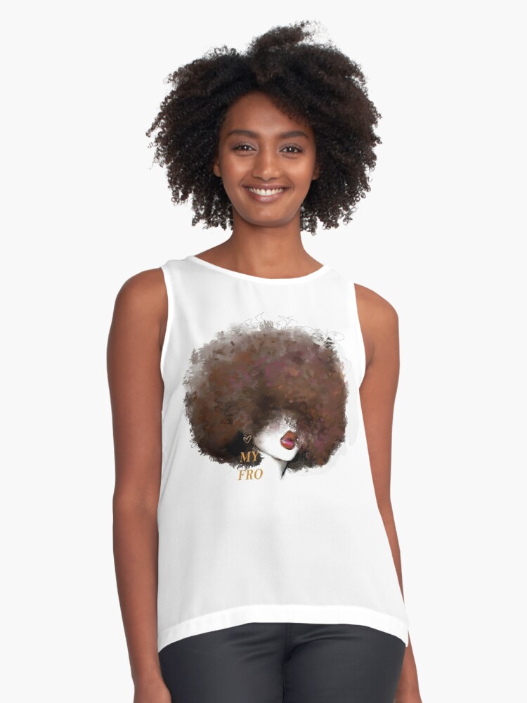 White tank top with an animated picture of a black girl with a brown afro and the words "Love My Fro" as an earring.