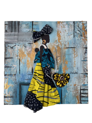 A mini African impressionist painting of a woman carrying a baby on her back. A multi media piece with recycled African fabric and an abstract background.