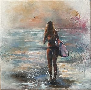 A beautiful golden hour painting of a surf girl/