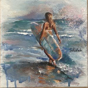 A mini painting of a girl with a surf board walking into the sea.