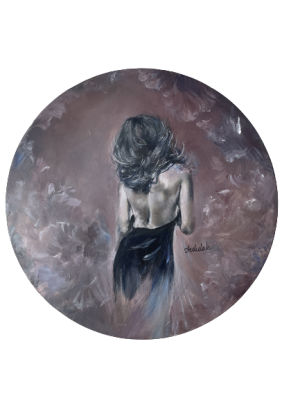 A monotone painting of a circular canvas of a woman's back and flowers in the background