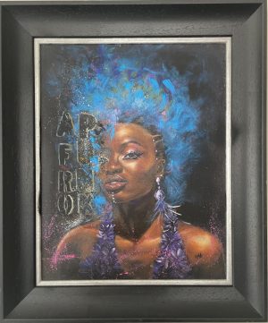 A framed acrylic painting of an afro punk black woman with metallic blue hair