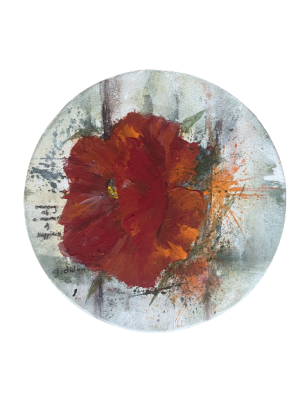 A textured painting of a poppy with a splash and drip effect in the background