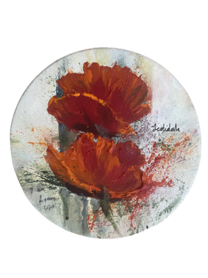 Red poppies painting on a round canvas with an abstract background