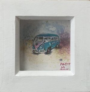 A mini painting of a turquoise and pink camper van with the word Love written on the side with a pink splash effect in the background.